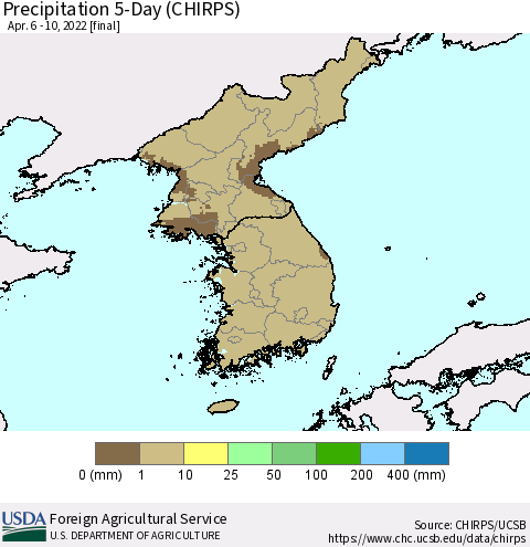 Korea Precipitation 5-Day (CHIRPS) Thematic Map For 4/6/2022 - 4/10/2022