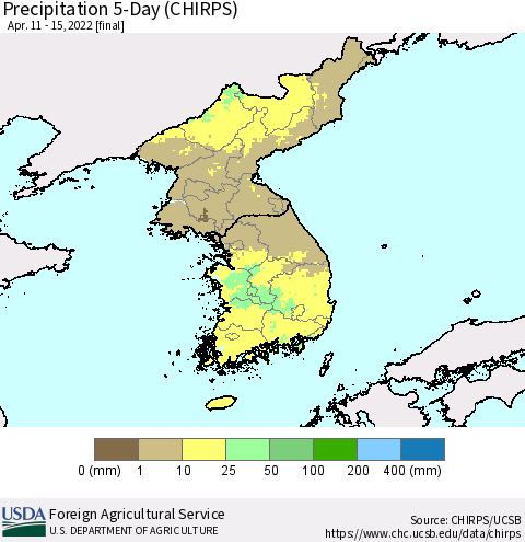 Korea Precipitation 5-Day (CHIRPS) Thematic Map For 4/11/2022 - 4/15/2022