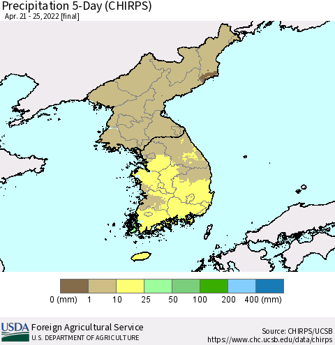 Korea Precipitation 5-Day (CHIRPS) Thematic Map For 4/21/2022 - 4/25/2022