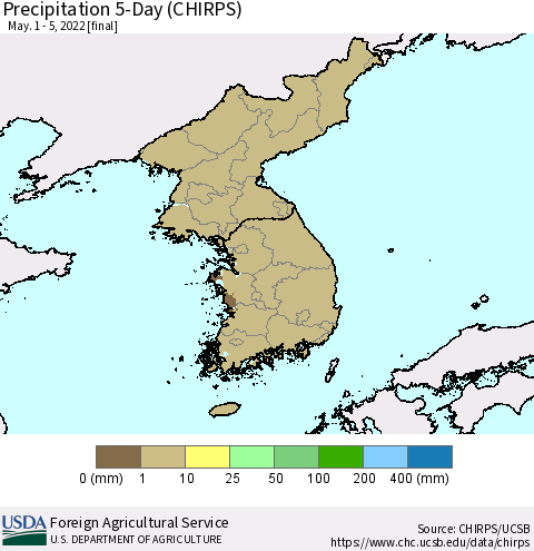 Korea Precipitation 5-Day (CHIRPS) Thematic Map For 5/1/2022 - 5/5/2022