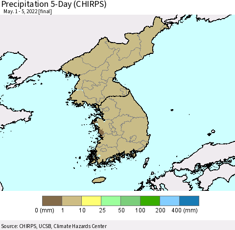 Korea Precipitation 5-Day (CHIRPS) Thematic Map For 5/1/2022 - 5/5/2022