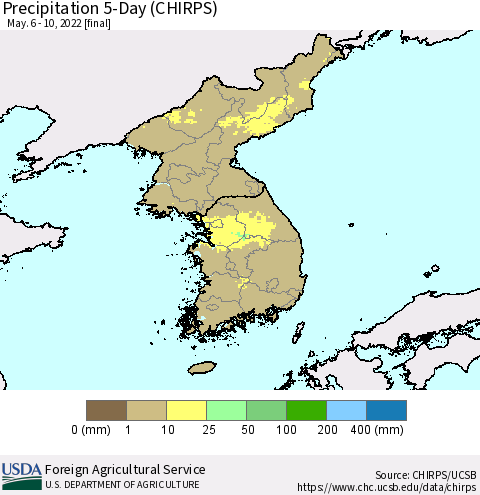 Korea Precipitation 5-Day (CHIRPS) Thematic Map For 5/6/2022 - 5/10/2022