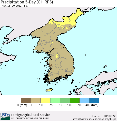Korea Precipitation 5-Day (CHIRPS) Thematic Map For 5/16/2022 - 5/20/2022
