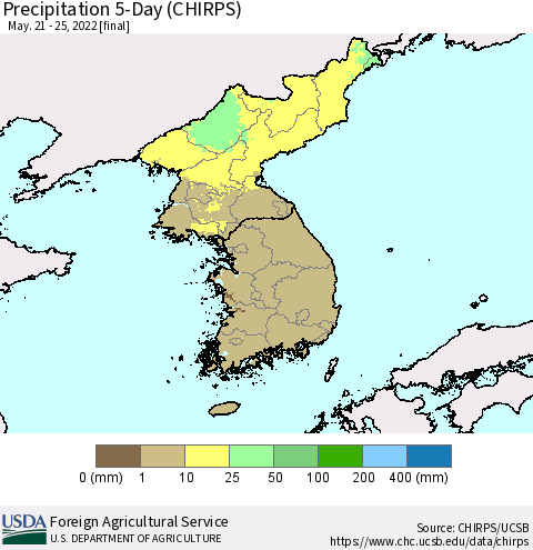 Korea Precipitation 5-Day (CHIRPS) Thematic Map For 5/21/2022 - 5/25/2022