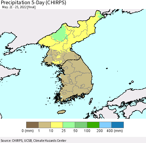 Korea Precipitation 5-Day (CHIRPS) Thematic Map For 5/21/2022 - 5/25/2022