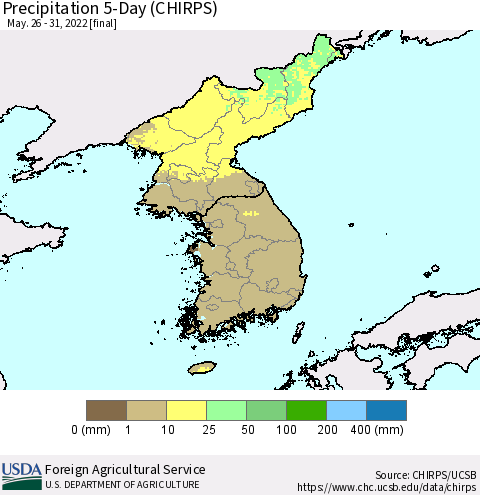 Korea Precipitation 5-Day (CHIRPS) Thematic Map For 5/26/2022 - 5/31/2022