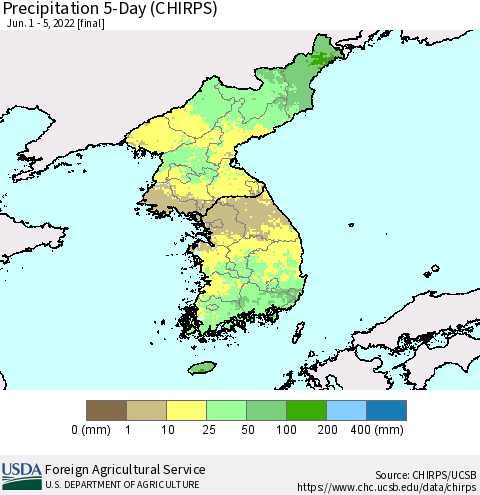 Korea Precipitation 5-Day (CHIRPS) Thematic Map For 6/1/2022 - 6/5/2022