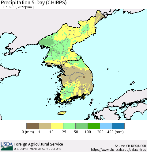 Korea Precipitation 5-Day (CHIRPS) Thematic Map For 6/6/2022 - 6/10/2022