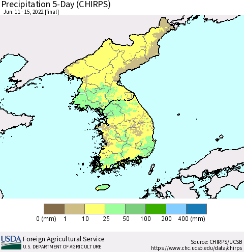 Korea Precipitation 5-Day (CHIRPS) Thematic Map For 6/11/2022 - 6/15/2022