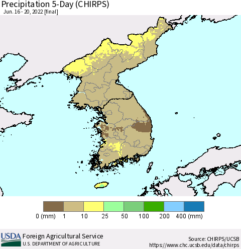 Korea Precipitation 5-Day (CHIRPS) Thematic Map For 6/16/2022 - 6/20/2022