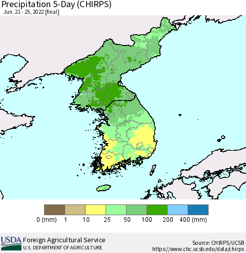 Korea Precipitation 5-Day (CHIRPS) Thematic Map For 6/21/2022 - 6/25/2022