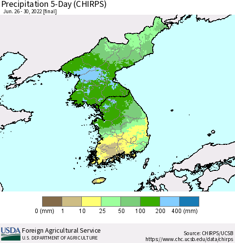 Korea Precipitation 5-Day (CHIRPS) Thematic Map For 6/26/2022 - 6/30/2022