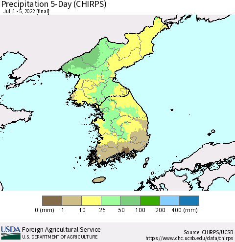 Korea Precipitation 5-Day (CHIRPS) Thematic Map For 7/1/2022 - 7/5/2022