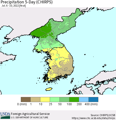 Korea Precipitation 5-Day (CHIRPS) Thematic Map For 7/6/2022 - 7/10/2022