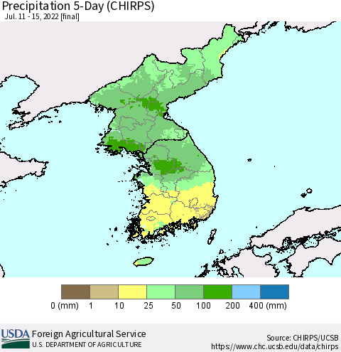 Korea Precipitation 5-Day (CHIRPS) Thematic Map For 7/11/2022 - 7/15/2022
