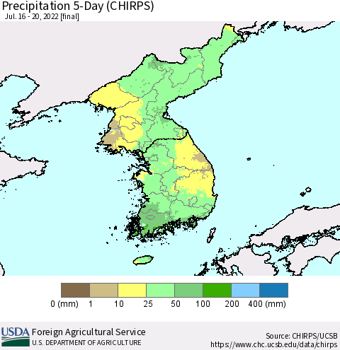 Korea Precipitation 5-Day (CHIRPS) Thematic Map For 7/16/2022 - 7/20/2022
