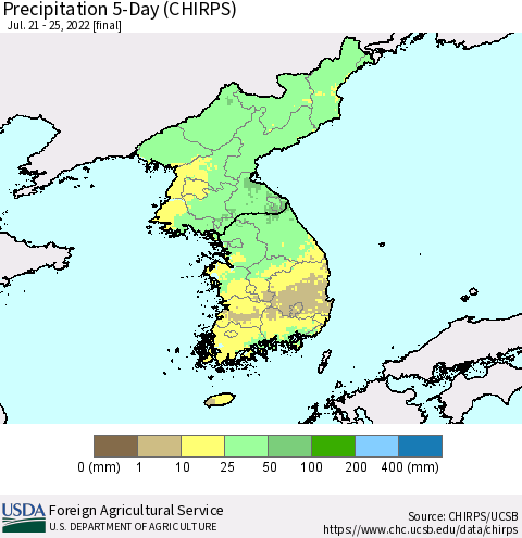 Korea Precipitation 5-Day (CHIRPS) Thematic Map For 7/21/2022 - 7/25/2022