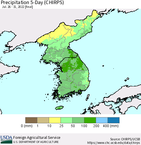 Korea Precipitation 5-Day (CHIRPS) Thematic Map For 7/26/2022 - 7/31/2022