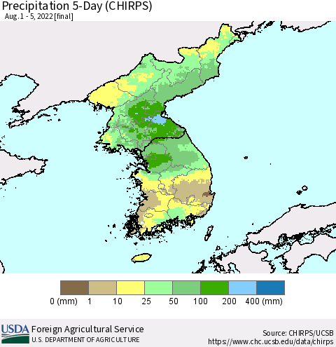 Korea Precipitation 5-Day (CHIRPS) Thematic Map For 8/1/2022 - 8/5/2022