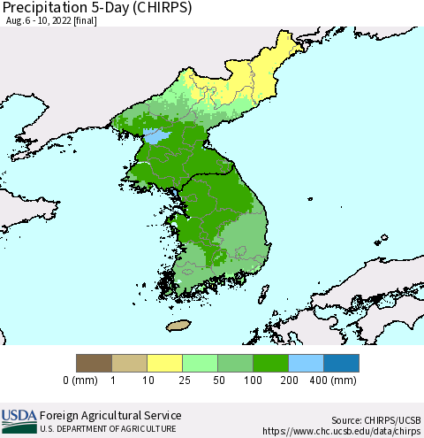 Korea Precipitation 5-Day (CHIRPS) Thematic Map For 8/6/2022 - 8/10/2022