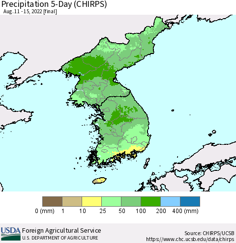 Korea Precipitation 5-Day (CHIRPS) Thematic Map For 8/11/2022 - 8/15/2022
