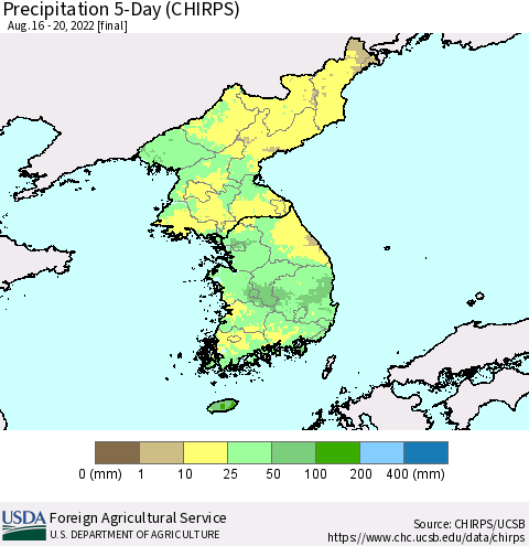 Korea Precipitation 5-Day (CHIRPS) Thematic Map For 8/16/2022 - 8/20/2022