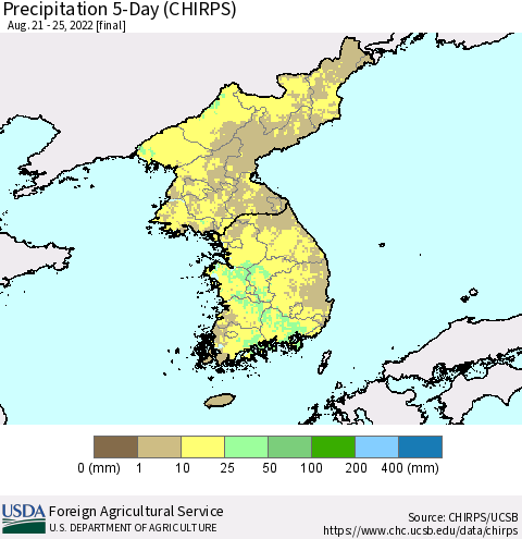 Korea Precipitation 5-Day (CHIRPS) Thematic Map For 8/21/2022 - 8/25/2022