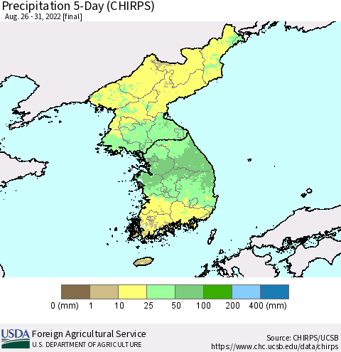 Korea Precipitation 5-Day (CHIRPS) Thematic Map For 8/26/2022 - 8/31/2022