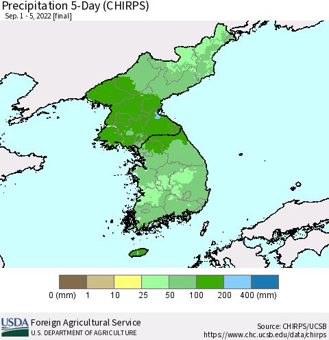 Korea Precipitation 5-Day (CHIRPS) Thematic Map For 9/1/2022 - 9/5/2022