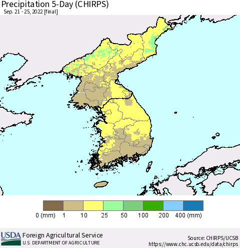 Korea Precipitation 5-Day (CHIRPS) Thematic Map For 9/21/2022 - 9/25/2022