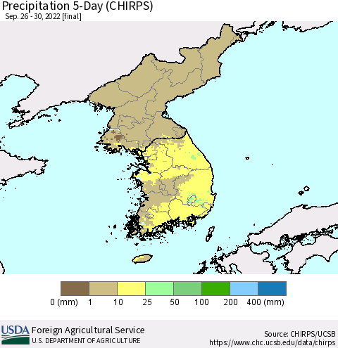 Korea Precipitation 5-Day (CHIRPS) Thematic Map For 9/26/2022 - 9/30/2022