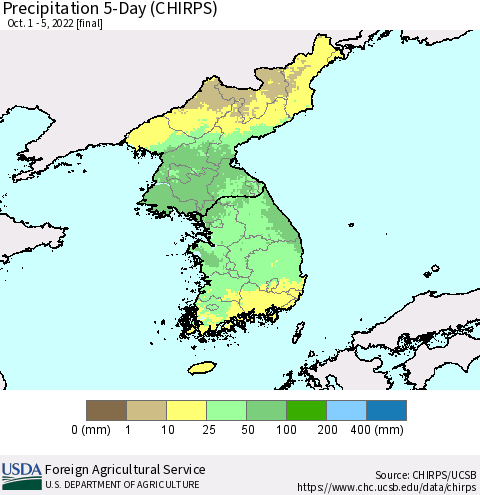 Korea Precipitation 5-Day (CHIRPS) Thematic Map For 10/1/2022 - 10/5/2022
