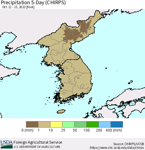 Korea Precipitation 5-Day (CHIRPS) Thematic Map For 10/11/2022 - 10/15/2022