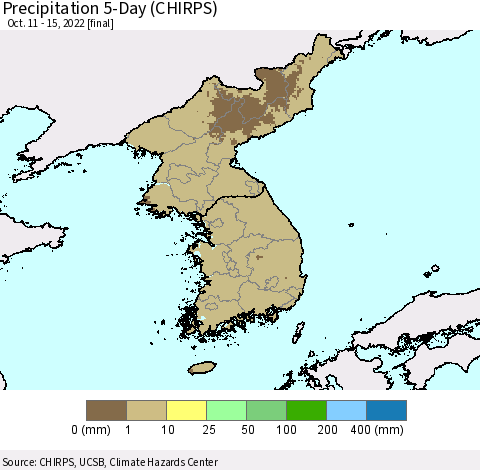 Korea Precipitation 5-Day (CHIRPS) Thematic Map For 10/11/2022 - 10/15/2022