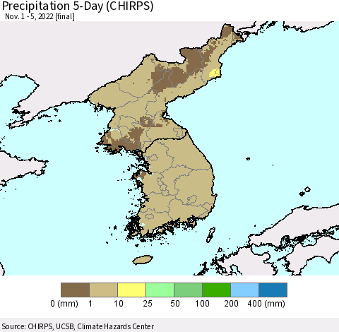 Korea Precipitation 5-Day (CHIRPS) Thematic Map For 11/1/2022 - 11/5/2022