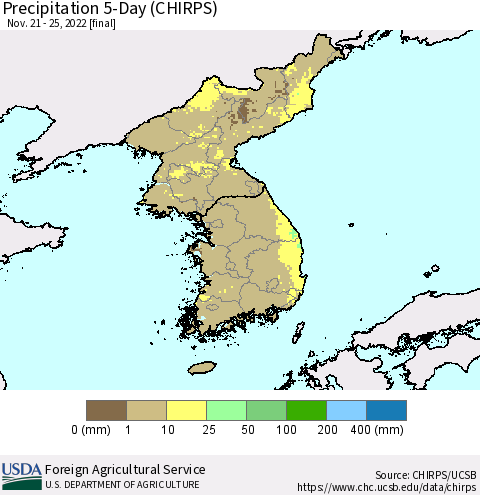 Korea Precipitation 5-Day (CHIRPS) Thematic Map For 11/21/2022 - 11/25/2022