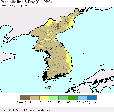 Korea Precipitation 5-Day (CHIRPS) Thematic Map For 11/21/2022 - 11/25/2022