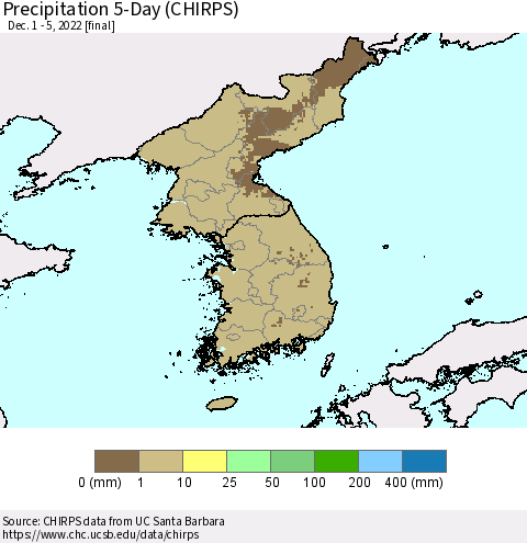 Korea Precipitation 5-Day (CHIRPS) Thematic Map For 12/1/2022 - 12/5/2022