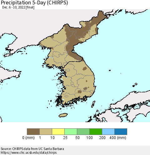 Korea Precipitation 5-Day (CHIRPS) Thematic Map For 12/6/2022 - 12/10/2022