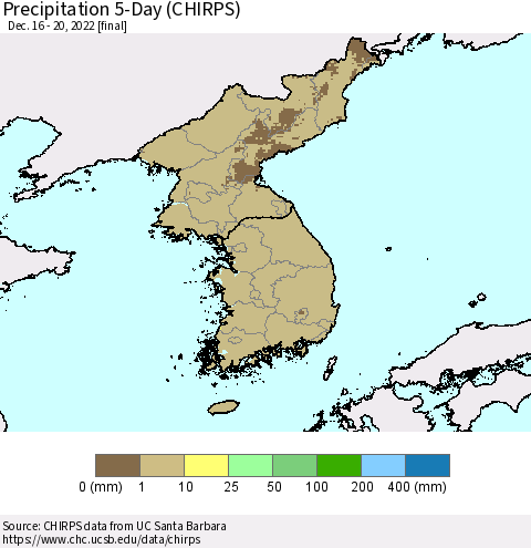 Korea Precipitation 5-Day (CHIRPS) Thematic Map For 12/16/2022 - 12/20/2022