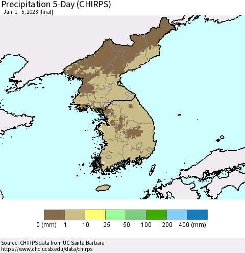 Korea Precipitation 5-Day (CHIRPS) Thematic Map For 1/1/2023 - 1/5/2023