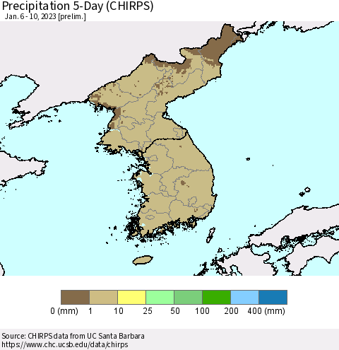 Korea Precipitation 5-Day (CHIRPS) Thematic Map For 1/6/2023 - 1/10/2023