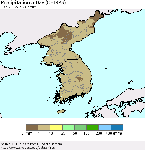 Korea Precipitation 5-Day (CHIRPS) Thematic Map For 1/21/2023 - 1/25/2023