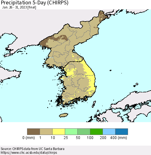 Korea Precipitation 5-Day (CHIRPS) Thematic Map For 1/26/2023 - 1/31/2023