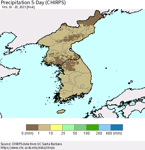 Korea Precipitation 5-Day (CHIRPS) Thematic Map For 2/16/2023 - 2/20/2023