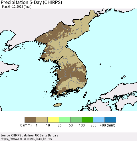 Korea Precipitation 5-Day (CHIRPS) Thematic Map For 3/6/2023 - 3/10/2023
