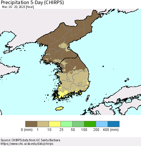 Korea Precipitation 5-Day (CHIRPS) Thematic Map For 3/16/2023 - 3/20/2023