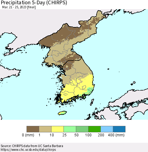 Korea Precipitation 5-Day (CHIRPS) Thematic Map For 3/21/2023 - 3/25/2023
