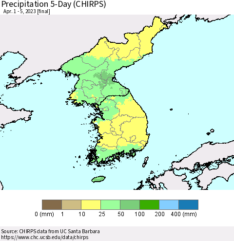 Korea Precipitation 5-Day (CHIRPS) Thematic Map For 4/1/2023 - 4/5/2023