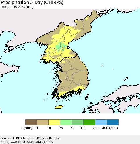 Korea Precipitation 5-Day (CHIRPS) Thematic Map For 4/11/2023 - 4/15/2023